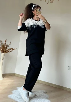 Sıyah Beyaz Çıceklı Takım