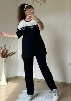 Sıyah Beyaz Çıceklı Takım