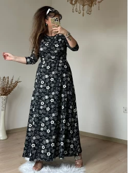 Siyah Çıtır Çıceklı Bürümcük Elbise