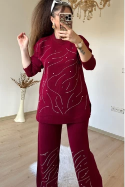 Su Yolu İncılı Taşlı Takım Bordo