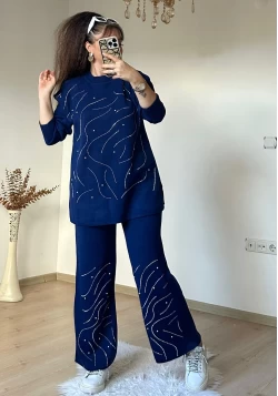 Su Yolu İncılı Taşlı Takım Lacivert