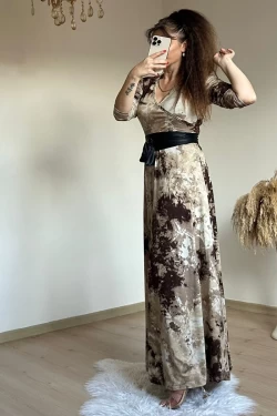 Tam Boy Kahve Baskı Desen Elbise