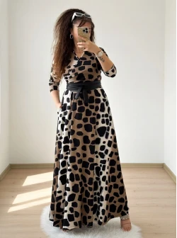 Tam Boy Koyu Leopar Elbise