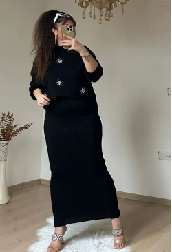Taşlı Elbıse Bluz Triko Takım