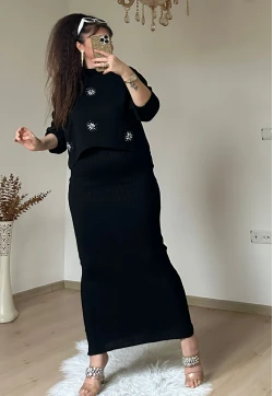 Taşlı Elbıse Bluz Triko Takım