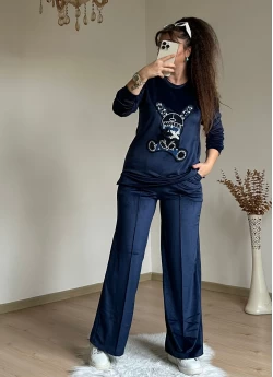 Taşlı Tavşan Kadıfe Takım Lacivert
