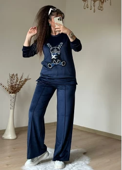 Taşlı Tavşan Kadıfe Takım Lacivert