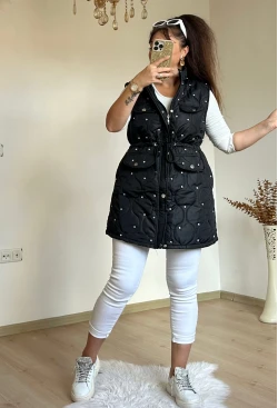 Cep Detay Büzgülü Kapitone Siyah Yelek