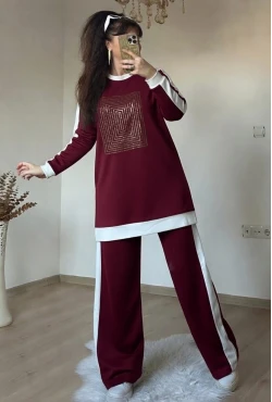 Uzun Kol Ön Kare Taşlı Takım Bordo
