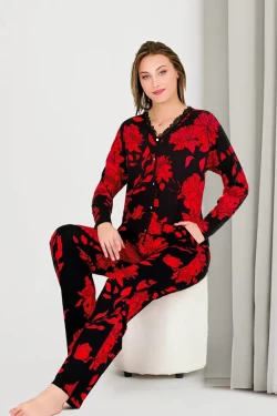 Uzun Kol Onü Düğmeli Kırmızı Çiçekli Bayan Pijama Takımı