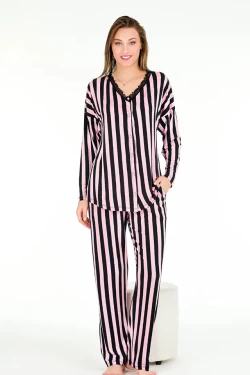 Uzun Kol Onü Düğmeli Pembe Seritli Bayan Pijama Takımı