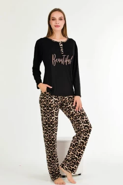 Uzun Kol Yaka Düğmeli Leopar Bayan Pijama Takımı