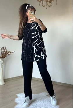 Uzun Kol Yarım Beyaz Geometrik Desenlı Takım