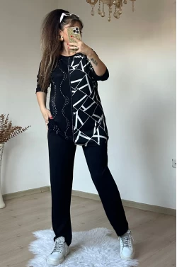 Uzun Kol Yarım Beyaz Geometrik Desenlı Takım
