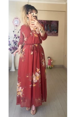 Uzun Sarı çiçekli Şifon Elbise - Kiremit