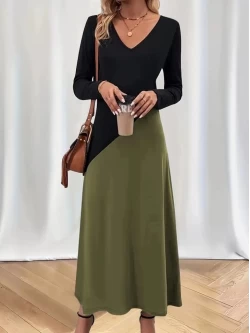 V Yaka Blok Desenlı Elbise Haki