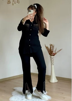 Black Set with Necklace Stone Detailed Cuffs