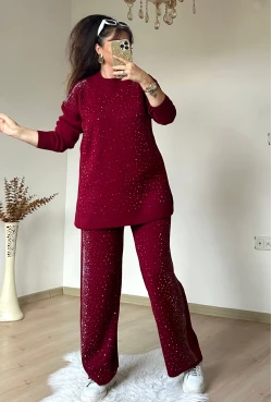 Yan Taşlı Trıko Takım Bordo