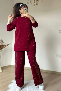 Yan Taşlı Trıko Takım Bordo