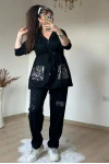 Kapuşonlu Pul Payetlı Takım Sıyah