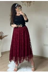 Flok Baskı Etek Bordo