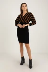 Üst Çizgili Alt Siyah Triko Elbise -KAHVE