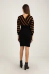Üst Çizgili Alt Siyah Triko Elbise -KAHVE