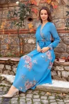 Uzun çiçekli Şifon Elbise - Mavi