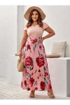 Pudra İri Gül Desen Viskon Elbise
