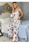 Askılı Kalpli Pijama Takımı Beyaz