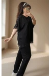 Kol Ve Etek Ucu Dantel Detaylı Takım Siyah