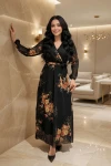 Kruvaze Yaka Çiçek Desenli Şifon Elbise Siyah