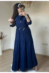 Mini Ceketli İpek Kupra Elbise Lacivert