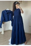 Mini Ceketli İpek Kupra Elbise Lacivert