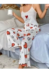 Askılı Kalpli Pijama Takımı Beyaz