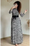 Balıkçı Yaka Krem Leopar Kadife Elbise