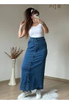 Bel Detaylı Dar Kot Etek Koyu Mavi