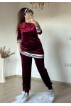 Beyaz Şeritli Kapusonlu Kadıfe Takım Bordo