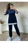 Beyaz Şeritli Kapusonlu Kadıfe Takım Lacivert