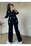Boncuk İslemelı Triko Takım Siyah