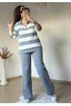 Çizgili Trıko Takım Gri