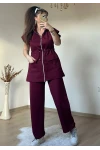 Dik Yaka Fermuarlı Yelekli Takım Bordo