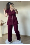 Dik Yaka Fermuarlı Yelekli Takım Bordo