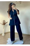 Dik Yaka Fermuarlı Yelekli Takım Lacivert