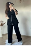 Dik Yaka Fermuarlı Yelekli Takım Siyah
