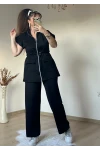 Dik Yaka Fermuarlı Yelekli Takım Siyah