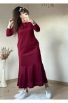 Kapusonlu Etek Fırfırlı Elbise Bordo