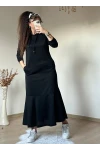 Kapusonlu Etek Fırfırlı Elbise Sıyah