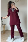 Fermuar Detaylı Leopar Takım Bordo