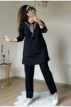 Fermuar Detaylı Leopar Takım Siyah